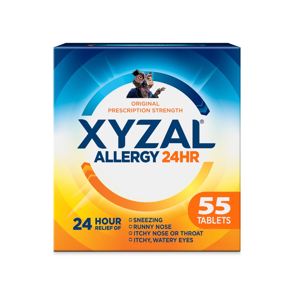 Xyzal 24 Hour Allergy Relief Medicine, Original Prescription Power Antihistamine, Levocetirizine Dihydrochloride Tablet 5 מ"ג, 55 ספירה