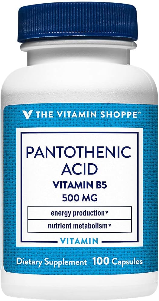 ויטמין Shoppe Pantothenic Acid 500MG, עם ויטמין B5, תומך ייצור אנרגיה שיער, עור, ציפורניים, פעם יומי (100 קפסולות)