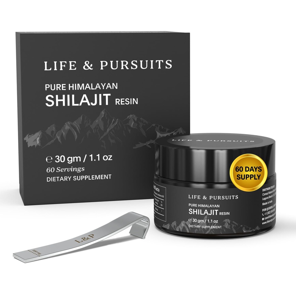 Life & Pursuits 100% Pure Real India Hilajit Resin, 1.1 oz 500 מ"ג, מינימום 75% Fulvic Acid, 85 + Trace מינרלים, תוספת תזונתית עבור גברים 3rd Party Lab Report, 60 משרתים (Pack of 1)