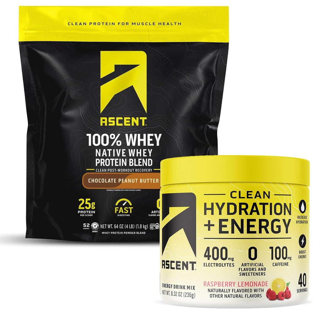 % 100% אבקת חלבון Whey, שוקולד Peanut Butter 4 lb & הידרציה + אנרגיה אלקטרוליטטים, פטל לימון 40 לשרת