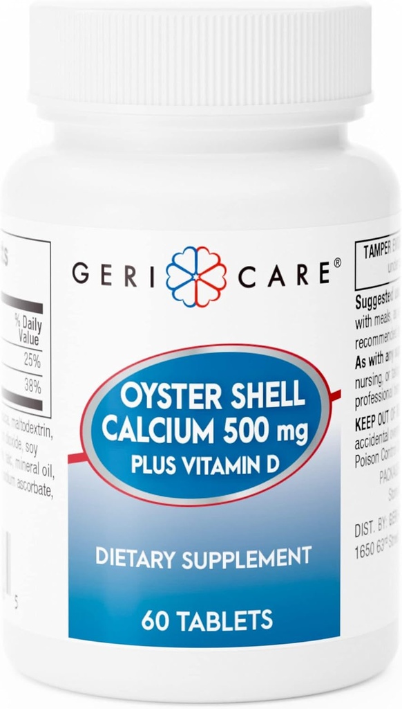 GeriCare Oyster Shell Calcium 500 מ"ג + ויטמין D, בריאות העצם, טבליות תוספי תזונה, 60 Count (Pack של 1)