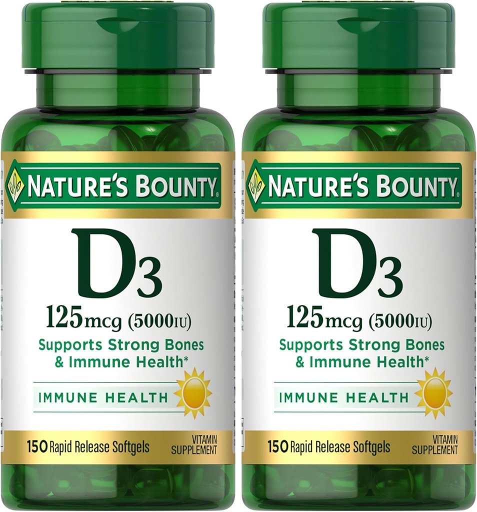ויטמין D3 של Nature's Bounty, Immune ו- Bone Support, 5000IU, Rapid Release Softgels, 150 Ct (Pack of 2)
