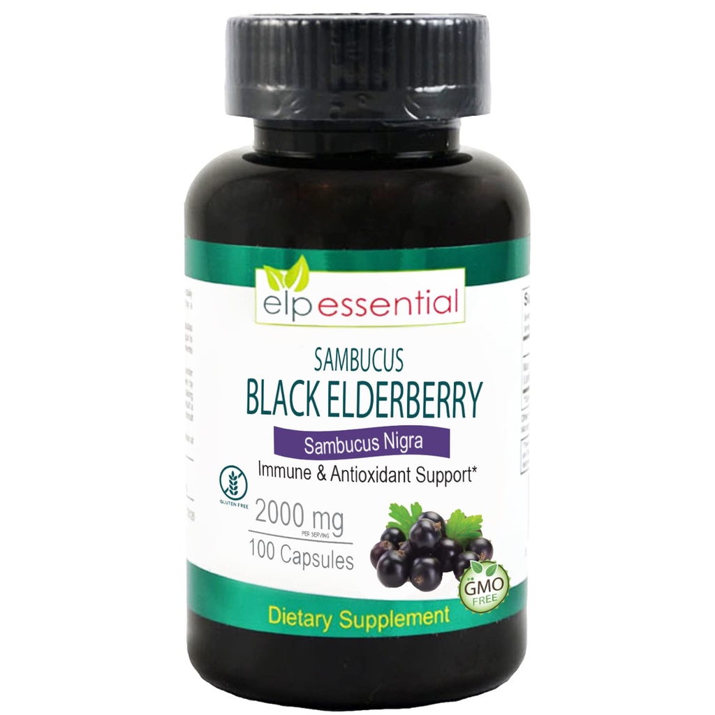 ELP ESSENTIAL Black Elderberry קפסולות 2000 מ"ג | 100 Count | Super Concentrated Sambucus Extract, Antioxidant and Immune