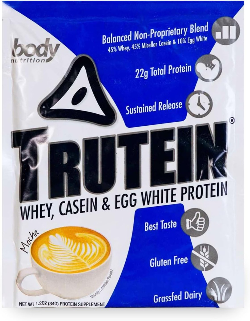 אבקת חלבון גבוהה גוף Trutein גבוה חלבון אבקה: 45% Whey, 45% Casein, 10% ביצה לבן, Gluten-Free, Low Sodium, Grass פד Whey חלבון אבקת, תוספת של התעמלות & ארוחת בוקר Shake, Mocha, 34g Sample