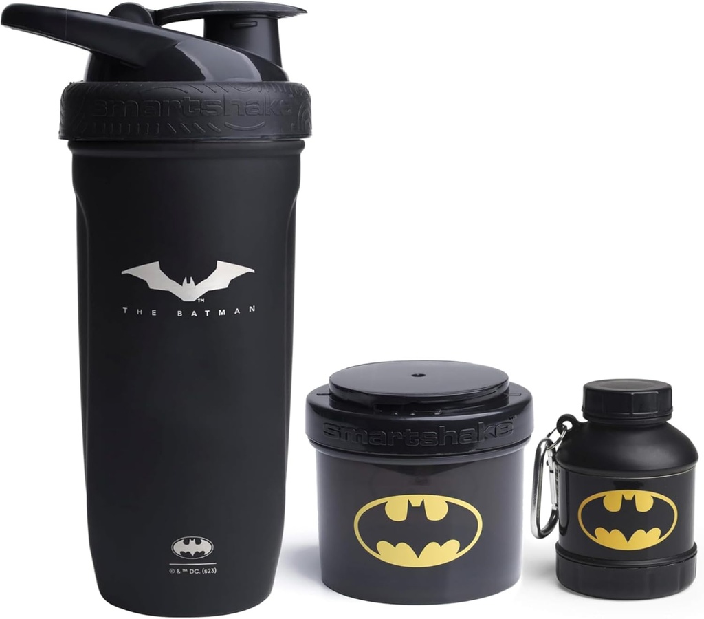 Smartshake DC Comics Bundle - Batman Stainless Steel חלבון Shaker 900 מ"ל עם Funnel 110 מ"ל ו- Storage Containers 200 מ"ל.
