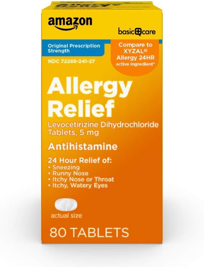 טיפול בסיסי 24 Hour Allergy הקלה, Levocetirizine Dihydrochloride טבליות, 5 מ"ג אנטיהיסטמין עבור Sneezing, Runny Nose, Itchy Nose או גרון ו Itchy, עיניים מימיות, 80 Count Pack