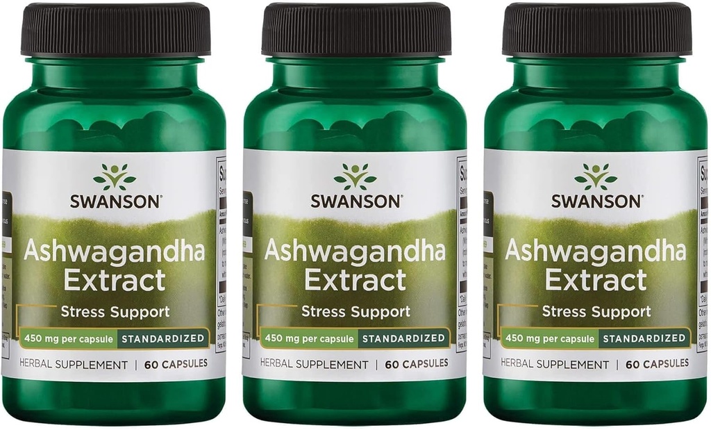 Swanson Ashwagandha Extract-Natural תוספת קידום תגובה מתח בריא, תמיכה באנרגיה ו- Nervous System Health-Ayurvedic for Natural Wellness-(60 קפסולות, 450 מ"ג כל אחד) (3 Pack)