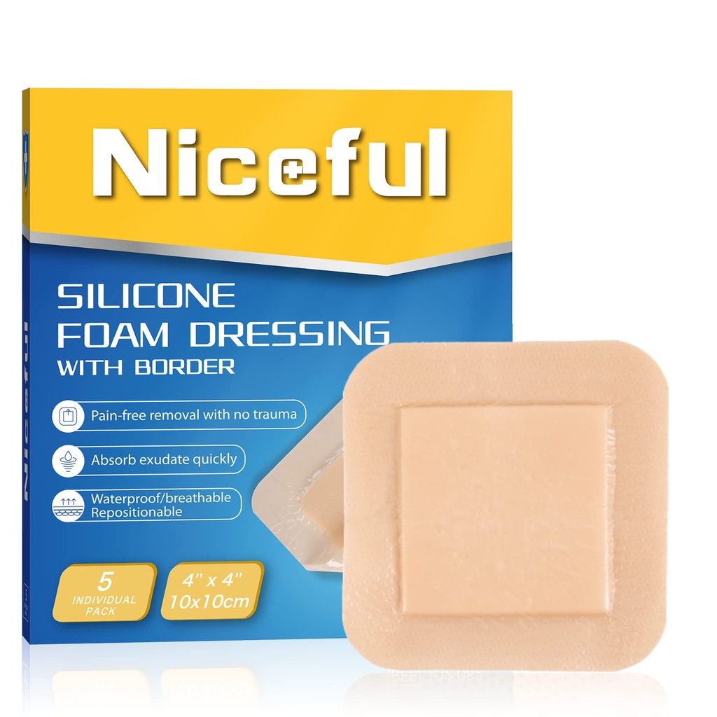 Niceful Silicone Foam Dressing 4"x4", Waterproof Silicone Bandages with Border Adhesive, High Absorbency Bed Sore Bandages Wound Care Dressing (2.5"X2.5" Pad), 5 Packs, FSA HSA Eligible | Bordered Silicone Foam, 5-Layer Exudate Lock, Waterproof Painless Removal, Mild-Moderate Wounds