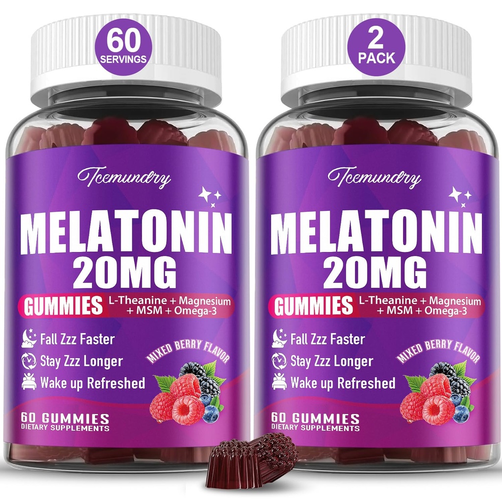 Melatonin Gummies 20 מ"ג למבוגרים - כוח מקסימלי מלטונין חניכיים עם L-theanine, Magnesium, אומגה 3, MSM, D3 & Zinc - Non-Habit Forming, טבעוני, non GMO, תערובת טבעית ברי פלפור
