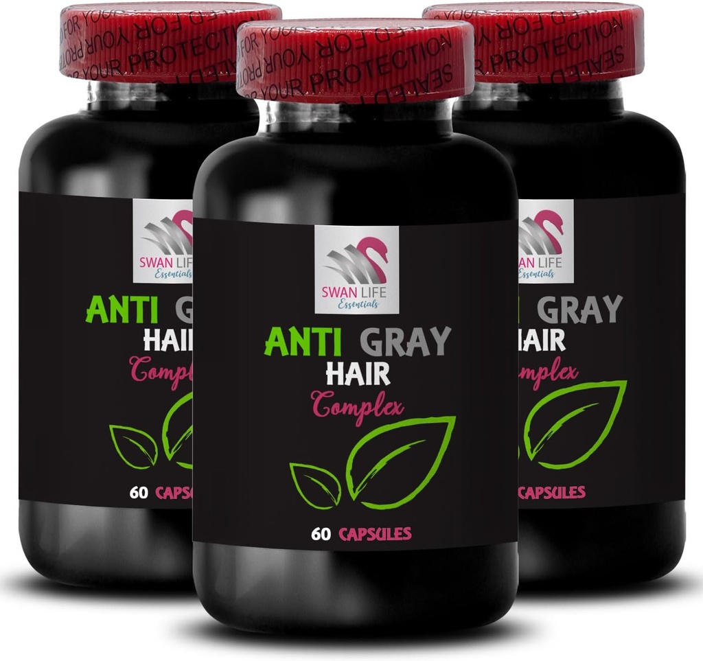 שיער אפור תוסף - Anti Gray Hair Complex - אפור שיער Reversal, Natural Shade, Color Protection, Hair Tone Revival, שיער אפור שיער ריבול, שיער בהיר שיער בהיר טונה 3 בקבוקים 180 קפסולות