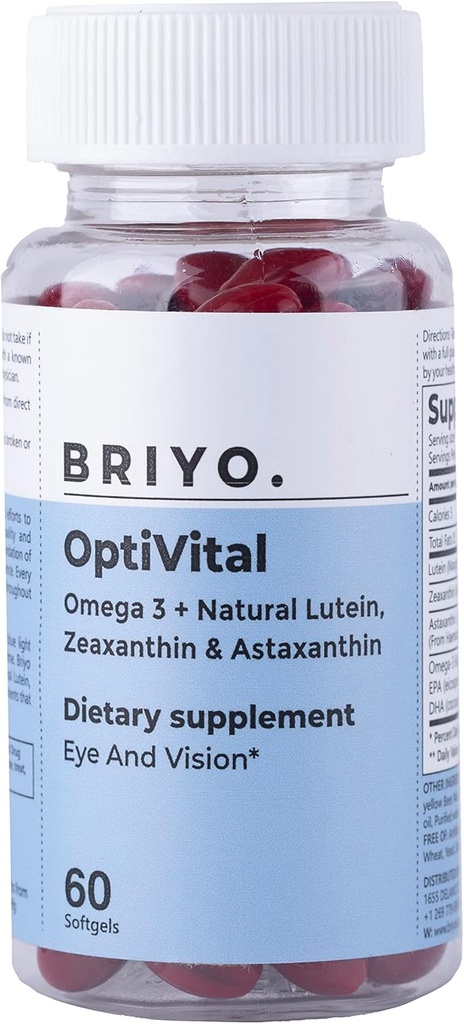 Briyo Optivital Eye Health תוספת עם Lutein, Zeaxanthin, Astaxanthin ואומגה 3 - תומך בהירות חזותית, טיפול תזונתי ובריאות לטווח ארוך - יום, 60 Softgels