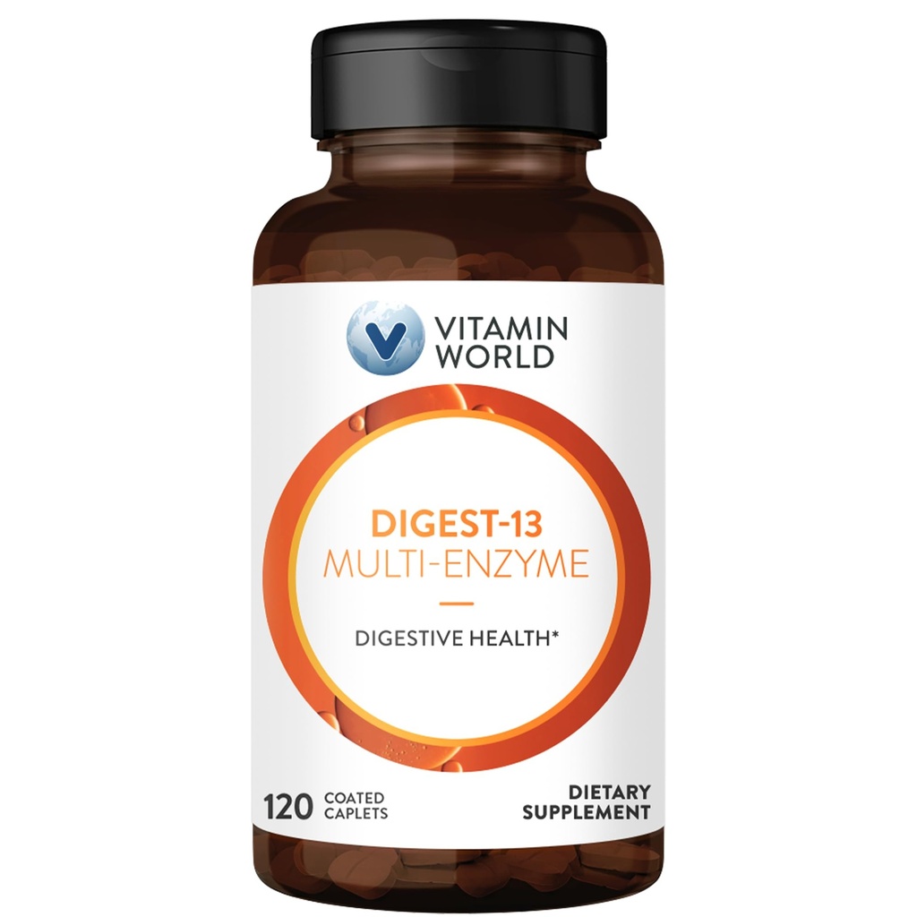 ויטמין World Digest-13 Multi-Enzyme, 1010mg Enzy בלנדר עם Amylase, Bromelain, Papain & Lipase for Digest and Absorption, Enzymes for Bloating & Gas, 120 Caplets
