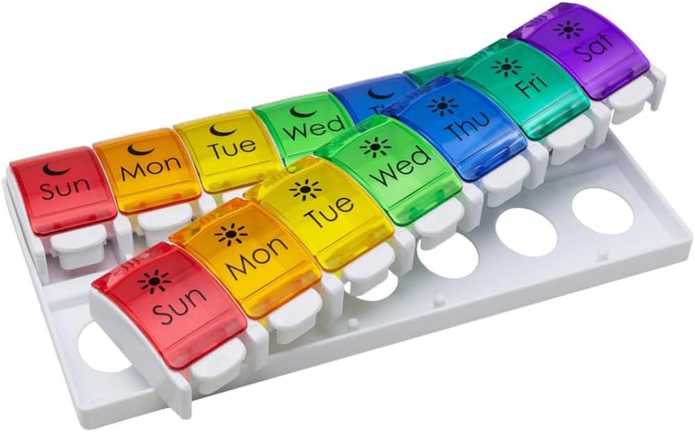 EZY DOSE Weekly (7-Day) Pill Case, Medicine Planner, ויטמין אורגן, 2 פעמים ביום AM/PM, Removeabale Trays, Large Push Button Measuretments, Easy to Use, Arthritis Friendly, Rainbow Lids, BPA Free