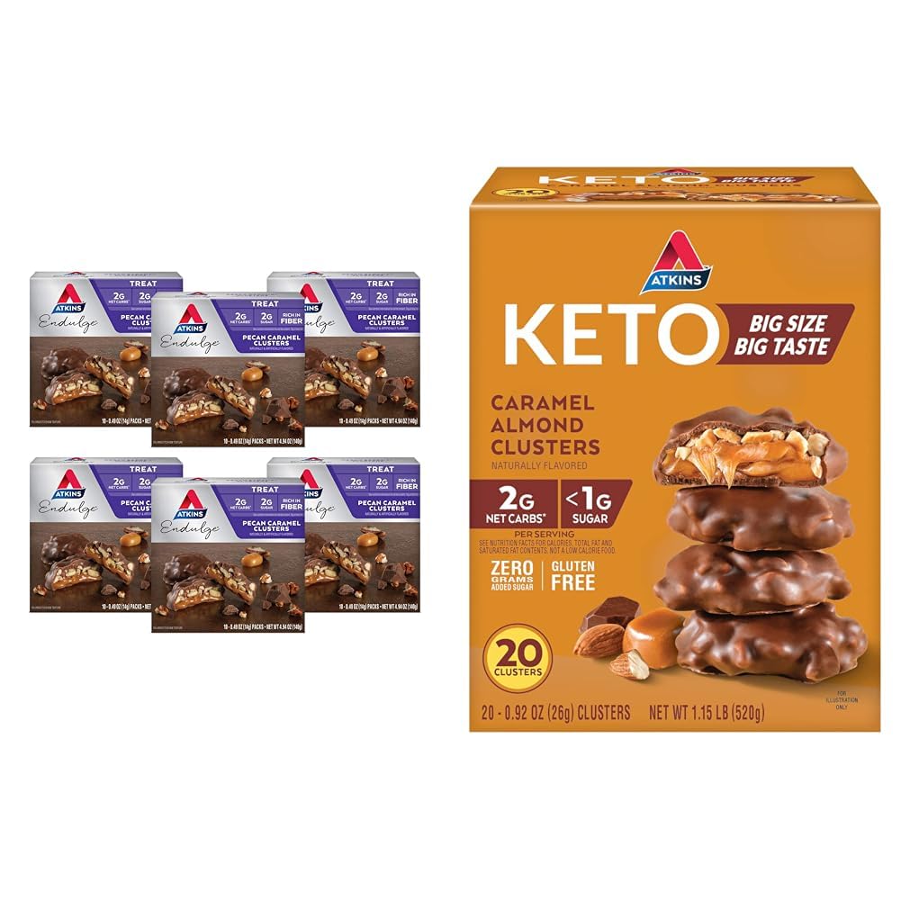 Atkins Pecan Karamel & Carmel Almond Clusters, 60 & 20 הרוזן, סיבים גבוהים, סוכר נמוך, פחמימות נמוכה
