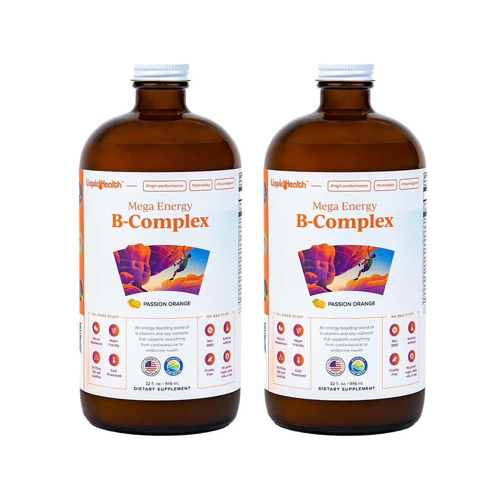 LIQUIDHEALTH Mega Energy Methylated B-Complex, תוסף ויטמין נוזלי למבוגרים - הגדלת אנרגיה, Relieve Stress & Fatigue, Immune Support, Heart & Gut Health - Made in USA, Vegan, Sugar-Free (2 Pack)