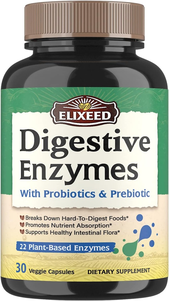 Enzymes Plus Probiotics & Prebiotics, 22 Digestive Enzymes with Amylase, Protease, Lactase & More, כוח מקסימלי, עבור בריאות, טבעוני, non-GMO, 30 Caps Caps