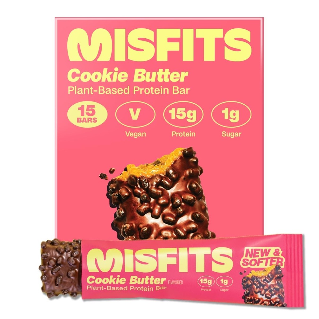 Misfits חלבון טבעוני Bars, Cookie Butter - מתכון מעודכנת | Plant Based, Low Sugar & Carb, High סיבים חטיפים | חבילת 15