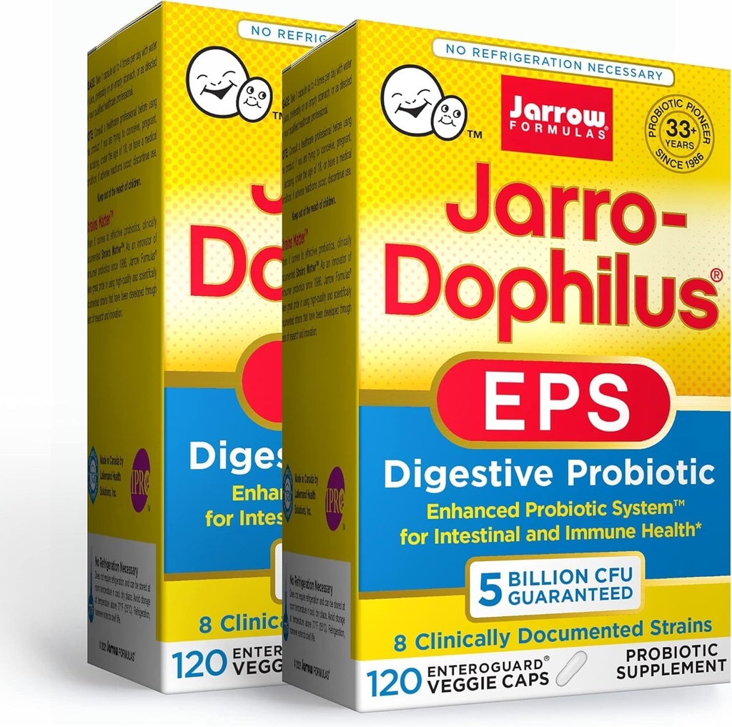 Jarrow Formulas Jarro-Dophilus EPS - 5 מיליארד Organisms Per Serve - 120 Enteric Coated Veggie Caps, Multi-Strain Probiotic - Intestinal & Immune Health, 120 Count (Pack of 2)