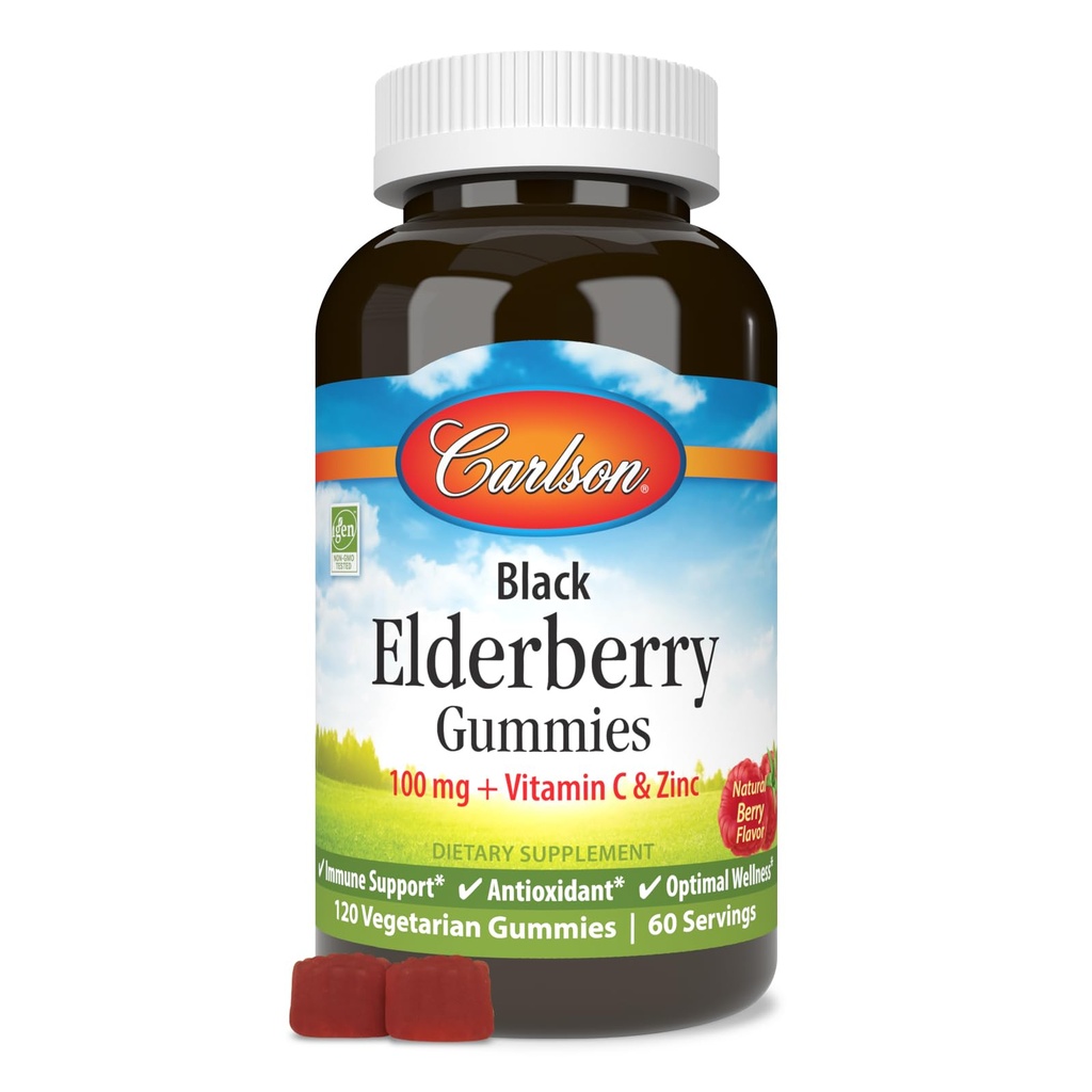 קרלסון - Black Elderberry Gummies, עם ויטמין C & Zinc, Immune Support, 120 חניכיים