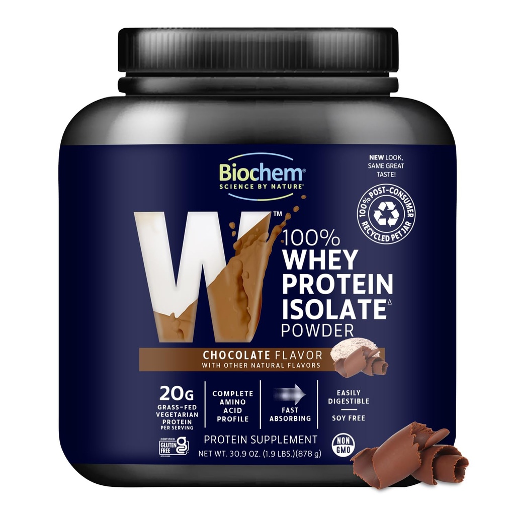 biochem 100% Whey Isolate אבקת חלבון, שוקולד פלמור, 20g Grass-Fed חלבון, Keto Friendly, Gluten Free, Vegetarian, בקלות Digest, 30.9 oz, 28 משרתים