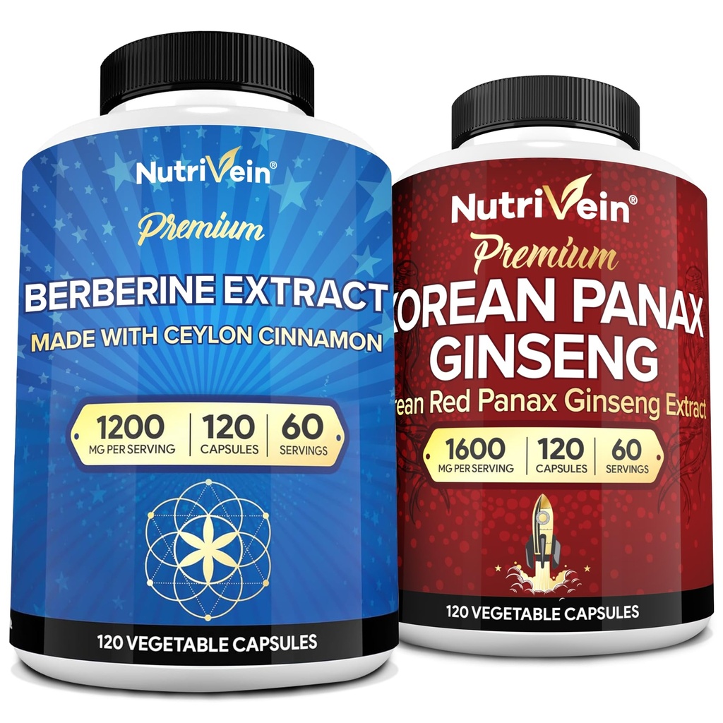 מוצרי תזונה Premium Panax גינזנג תוסף & Berberine תוספי Bundle: High-Absorption Berberine Complex & Genuine Red גינזנג Bundle עבור מדי יום קלרליות, Vitality, & בריאות