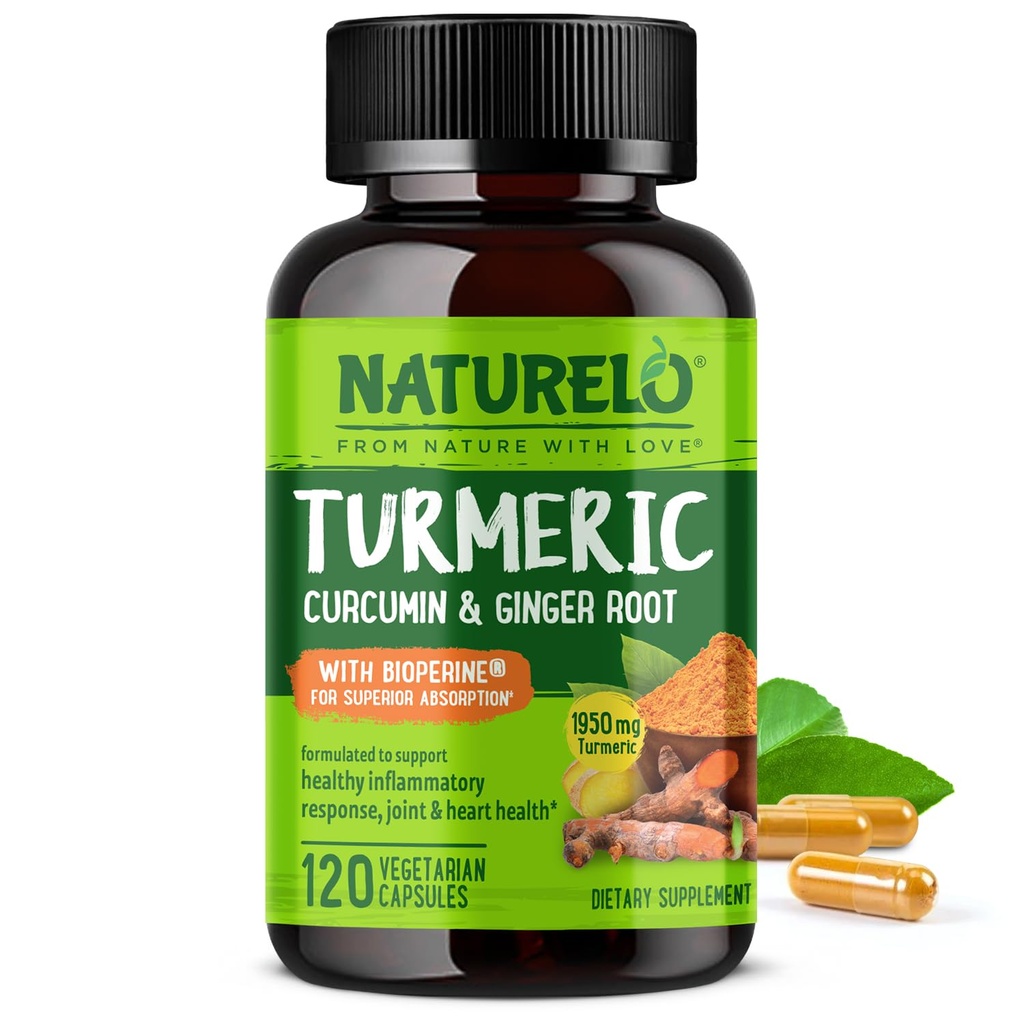 NATURELO Turmeric Curcumin - BioPerine for Better Absorption - Black Pepper, ג'ינג'ר Root, Curcuminoids - Plant-based Discomfort Support - 120 קפסולות טבעוניות
