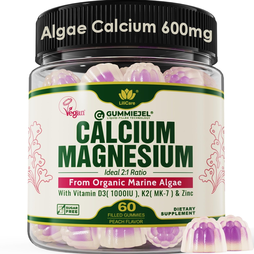 Plant Based Calcium Gummies 600 מ"ג עם ויטמין D3 K2, Magnesium, Zinc forעצמות העצם, סוכר חינם Calcium תוספים לנשים וגברים (Certified Vegan) מ-Sustainably Organic Red Algae - 60 Counts