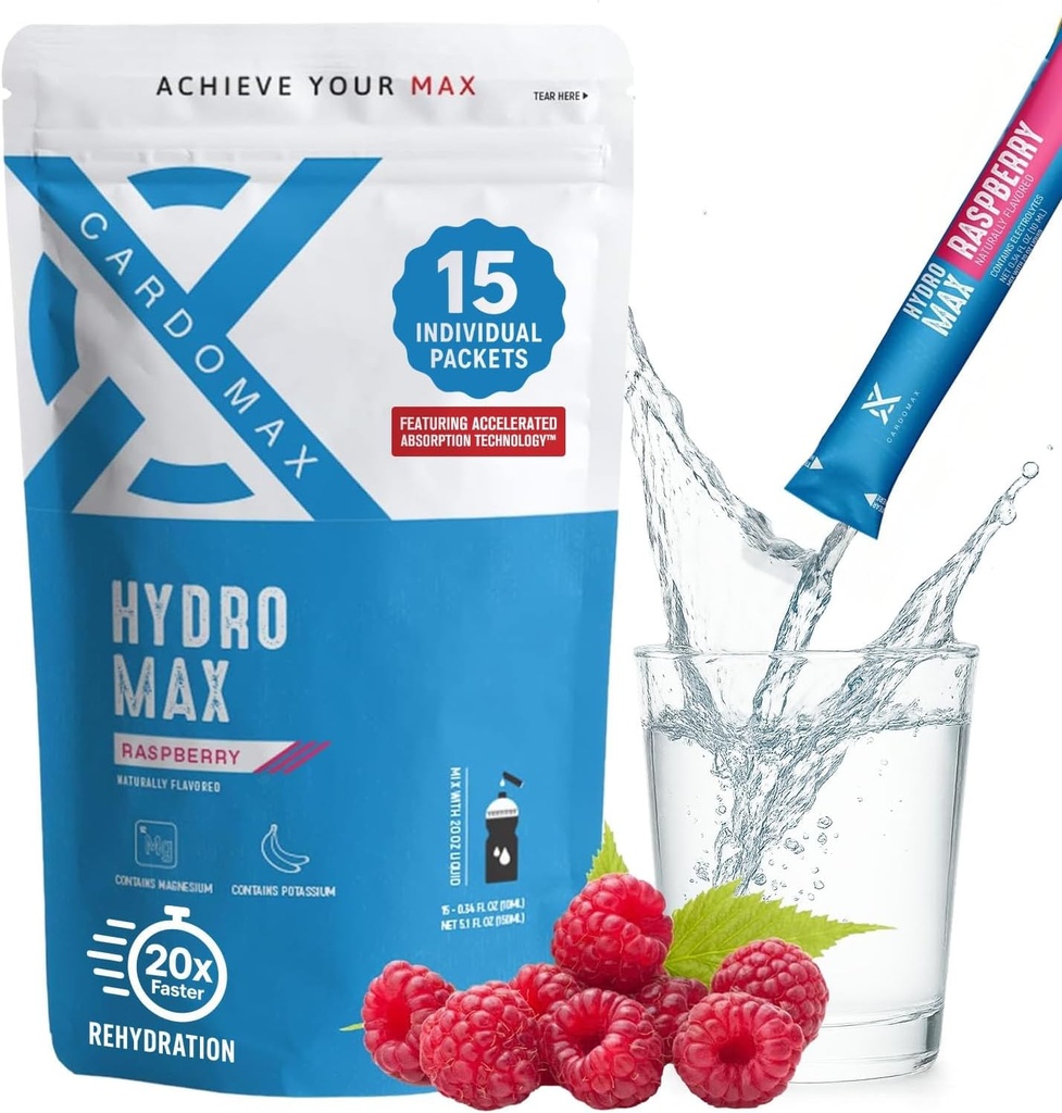 Hydromax Electrolyte Drink - Raspberry 15 חבילות נוזליות עם Potassium & Magnesium - Zero Sugar, Keto & Vegan Electrolytes for Rapidhydrtion & Recovery תוסף