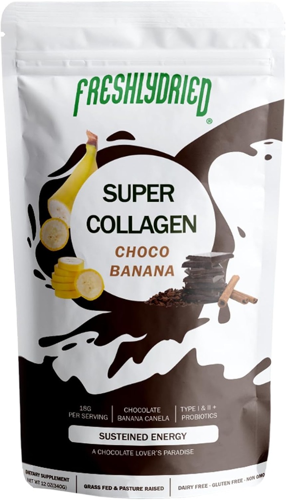 Freshlydried Collagen Peptides & ChocoBanana אבקת - תומך שיער, עור, ציפורניים, עצמות ופרקים - סוג I & III Grass-Fed Collagen + Probiotics - שוקולד בננה Cinnamon Flavor - 10 משרתים, 6 oz