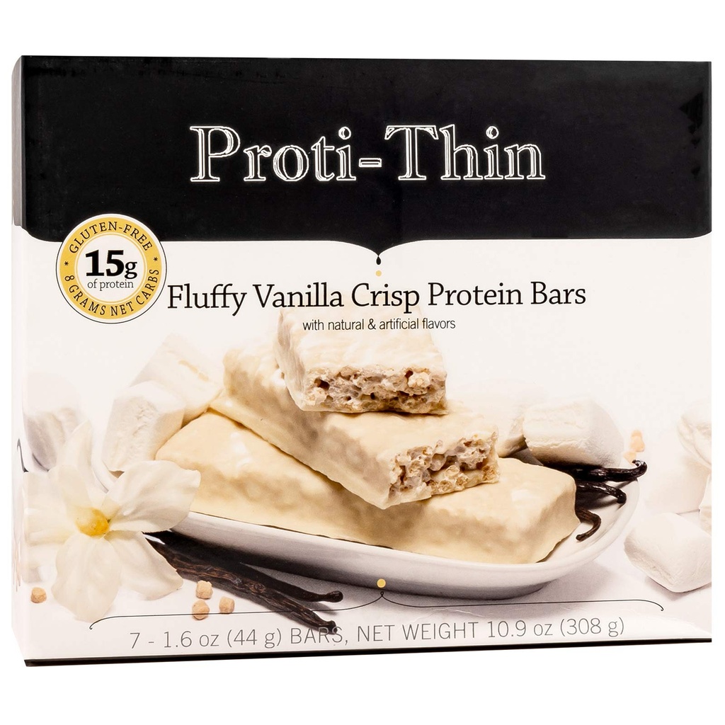 Proti-Thin Fluffy Vanilla Crisp חלבונים Bars, 15g חלבון, Low Calorie, מאוד נמוך carb (VLC), שומן נמוך, גבוה סיבים חטיף, KETO Diet Friendly, אידיאלי חלבון משלימה, No Gluten Ingredients, 7 / Box