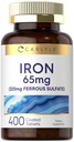 Carlyle Iron Ferrous Sulfate 325 מ"ג, 65 מ"ג | 400 טבליות | Non-GMO, Gluten Free ו- Vegetarian Supplement