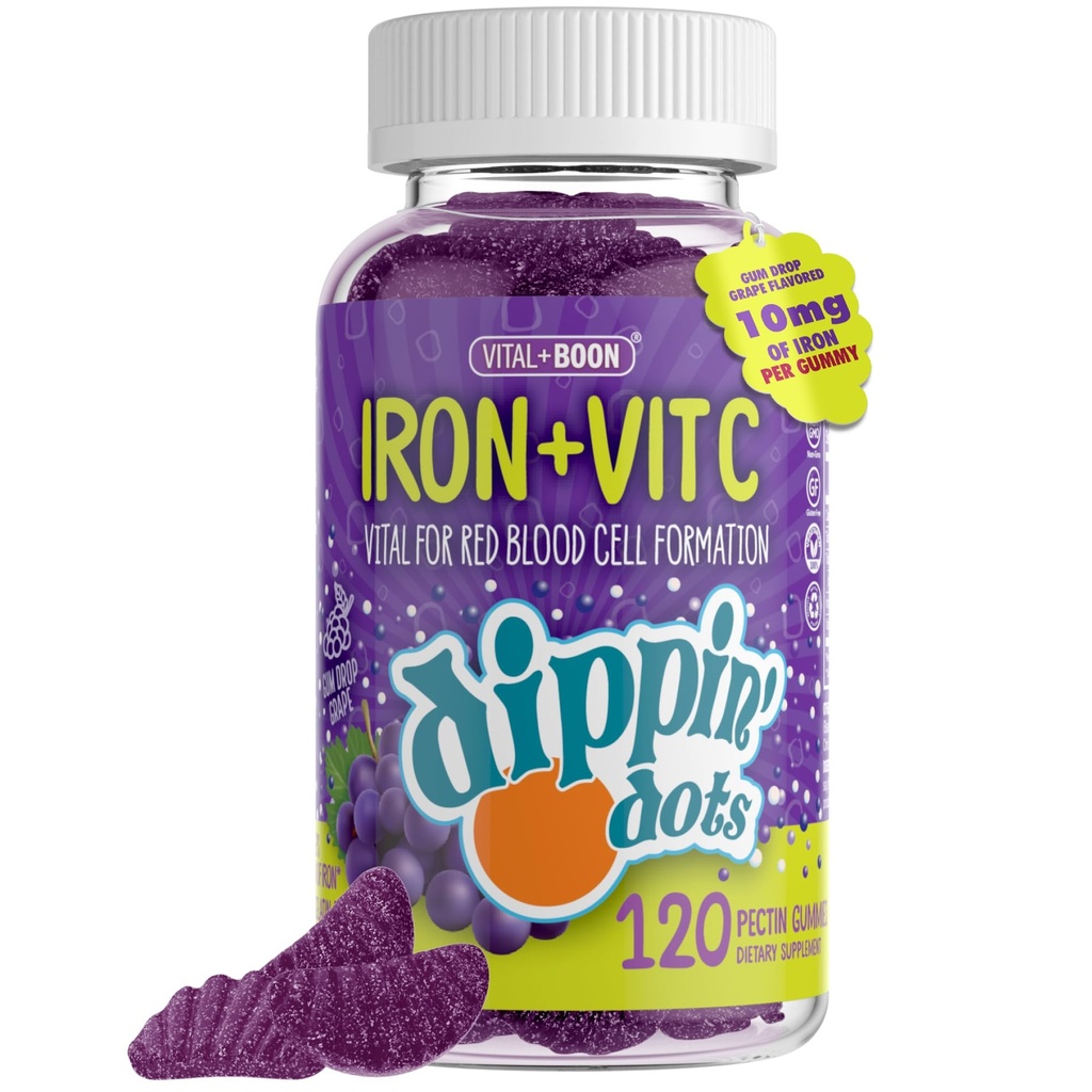 ברזל עם ויטמין C & B12 Gummies (120 Count) Vital for Red Blood Cell Formation; חניכיים Drop Grape Real Pectin פירות Chews | טבעוני, Non-GMO, Gluten Free & Gelatin Free