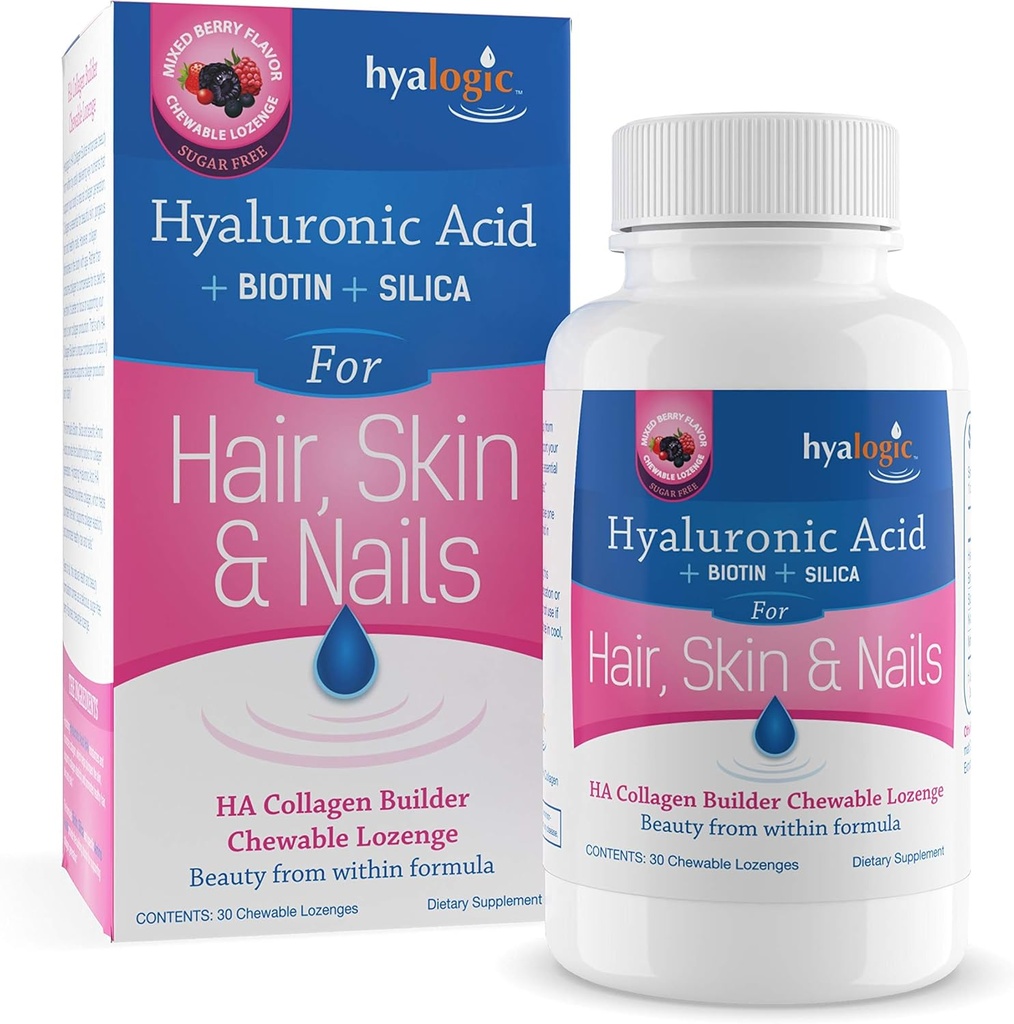 Hyalogic Hair Skin & Nails Hyaluronic Acid Collagen Builder - בריי פלאברד קולאזן Boost Chewable Lozenges - סוכר חינם קולאזן אידיאלי כדי לשפר את היופי הטבעי שלך - 30 הרוזן