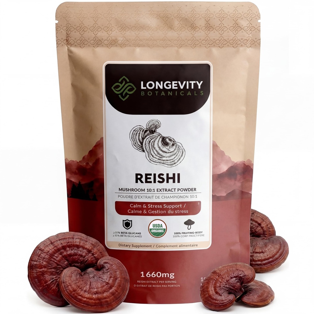 Longevity הבוטנים אורגני Reishi Mushroom אבקת 100g | ריכוז 10:1 Ratio | 100% פירות גופים | Lingzhi (Ganoderma lucidum) טבעי תוסף עבור Immune, Stress & Sleep Support תמיכה תמיכה