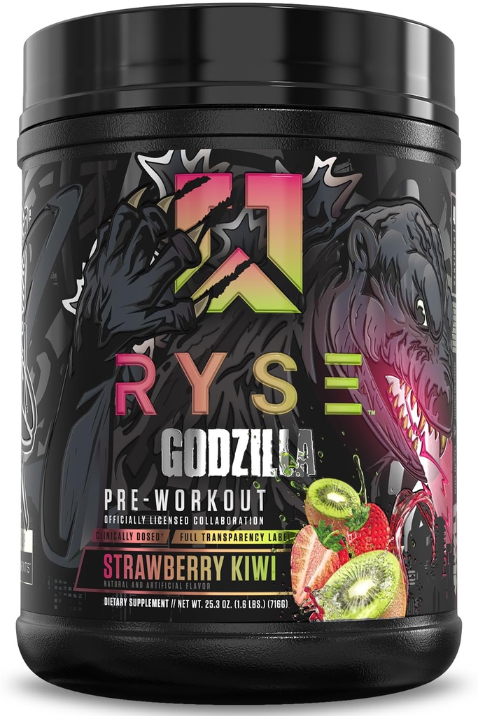 RYSE Godzilla X Noel Deyzel Pre Workout אבקת - סטרוברי קיווי - 400 מ"ג Caffeine, High Stim Pre-Workout for Men & Women with Citrulline & Beta Alanine - אנרגיה, משאבה & Focus - 20 / 40 משרתים