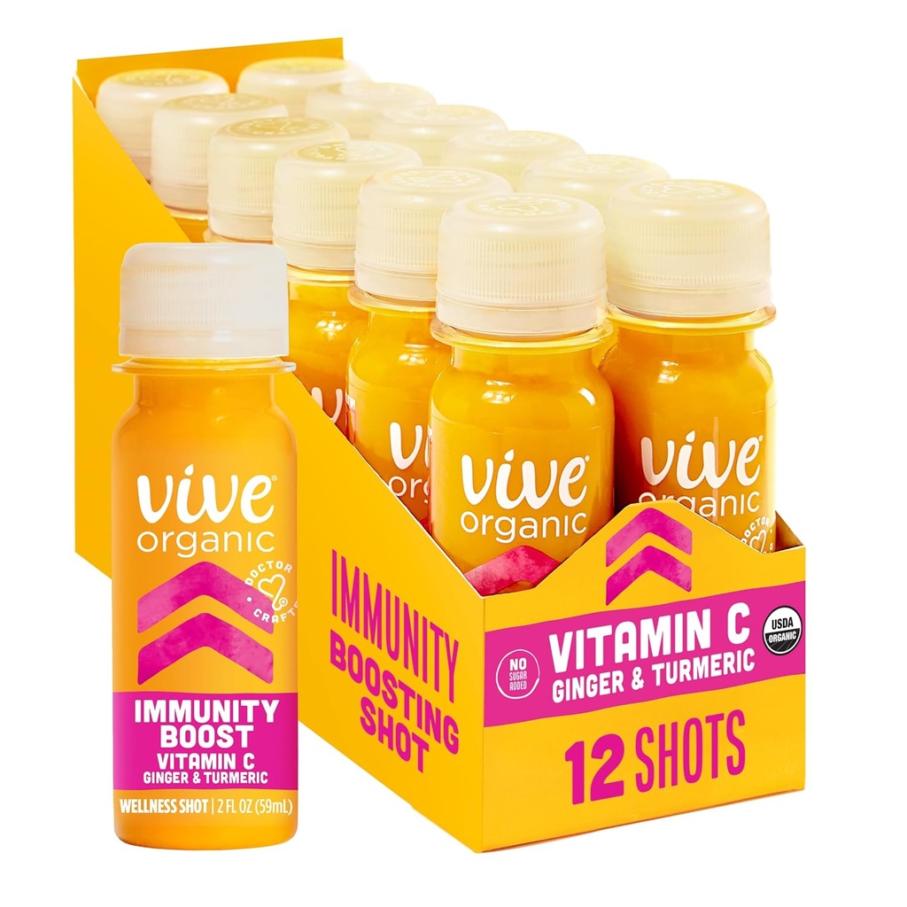 ויטמין C + Immune Support Shot, Cold-Pressed Turmeric, ג'ינג'ר & Acerola Cherry, Gluten Free, Vegan, Immunity Boost ויטמין C, 2 Fl Oz (Pack של 12)