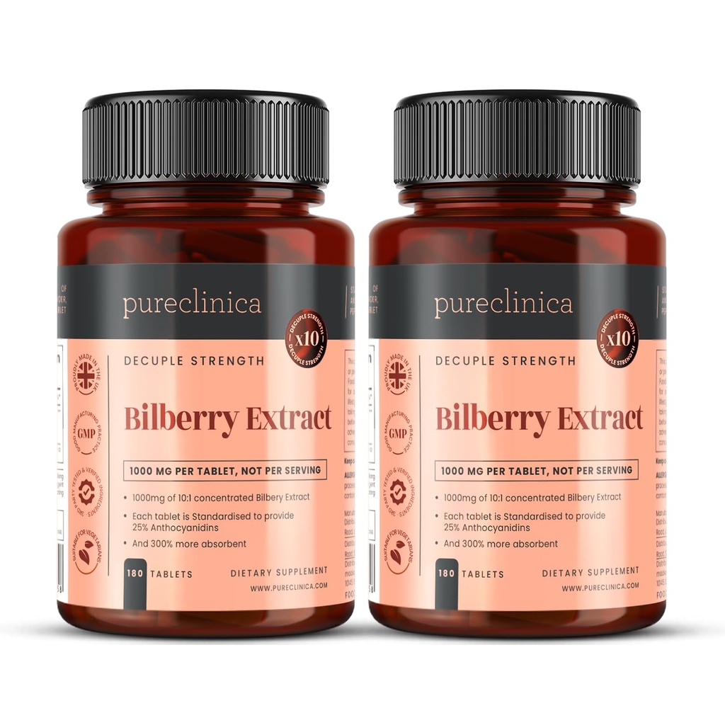 Pureclinica Bilberry לחלץ 10,000 מ"ג X Tablet (2 בקבוקים) - 10 X More Anthocianidins w / 5 מ"ג Black Pepper לחלץ