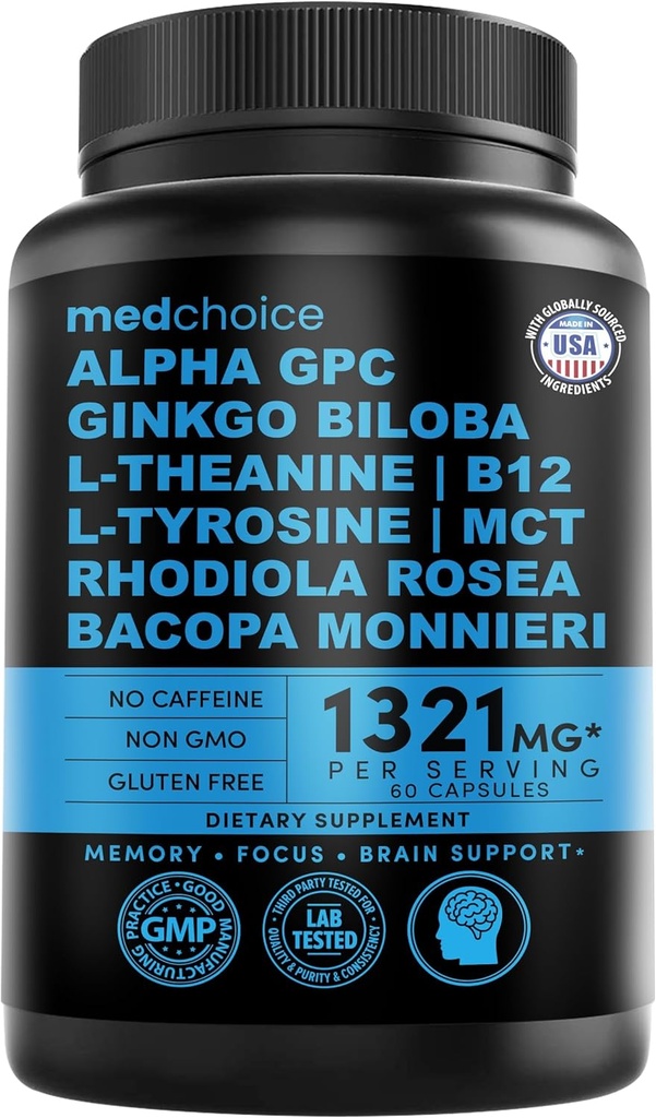 12-in-1 Nootropic Genekgo Biloba לתמיכה במוח, זיכרון והתמקדות - B12, Alpha GPC, L Theanine ו- Choline תוספים עם Bioperine Non Caffeinated 1321mg (60ct)