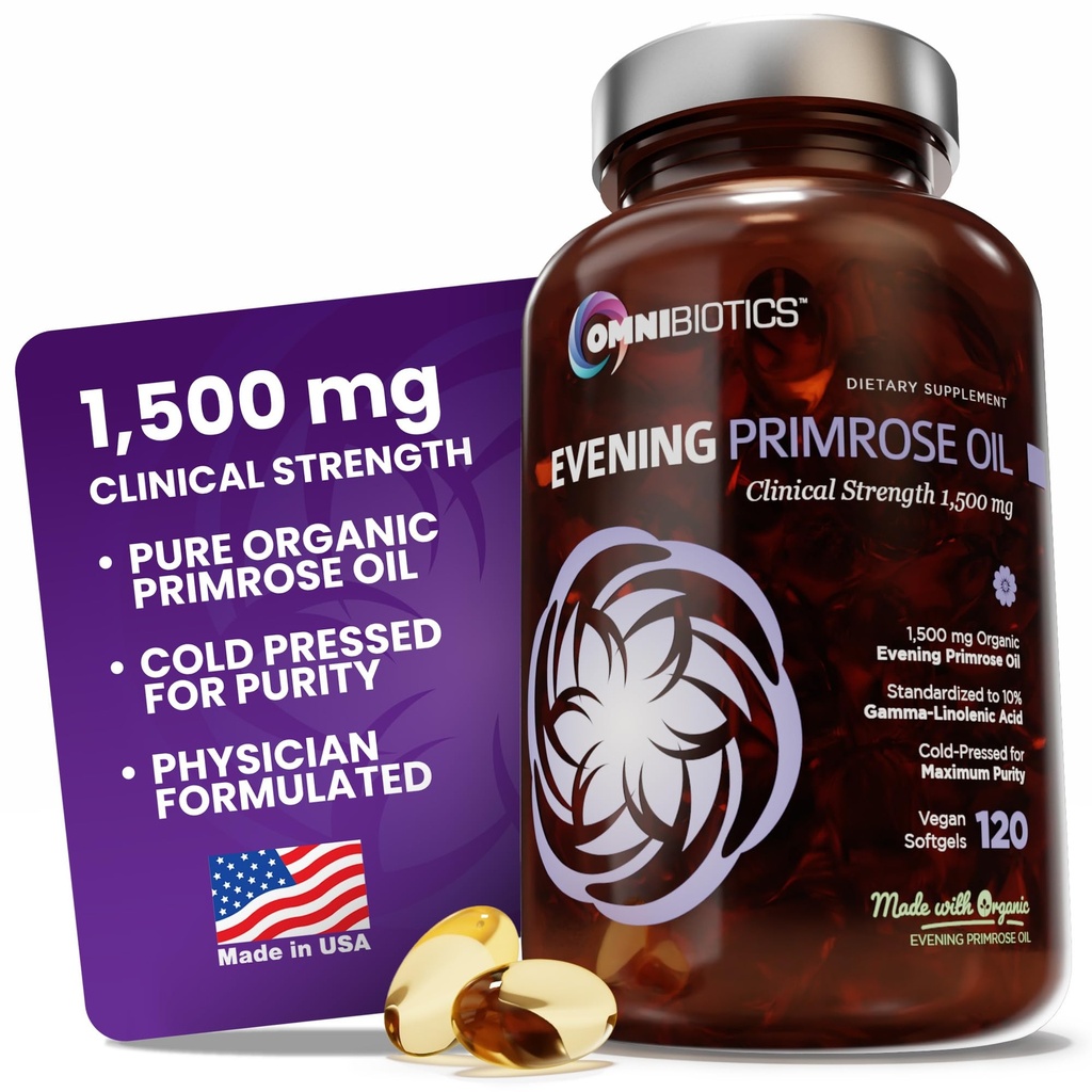 OmniBiotics Organic Evening Primrose Oil for Women - כוח קליני 1500 מ"ג לקפסולה, 10% GLA, Cold-Pressed, Non-GMO, הורמון איזון לנשים - 120 קפסולות טבעוניות Softgel