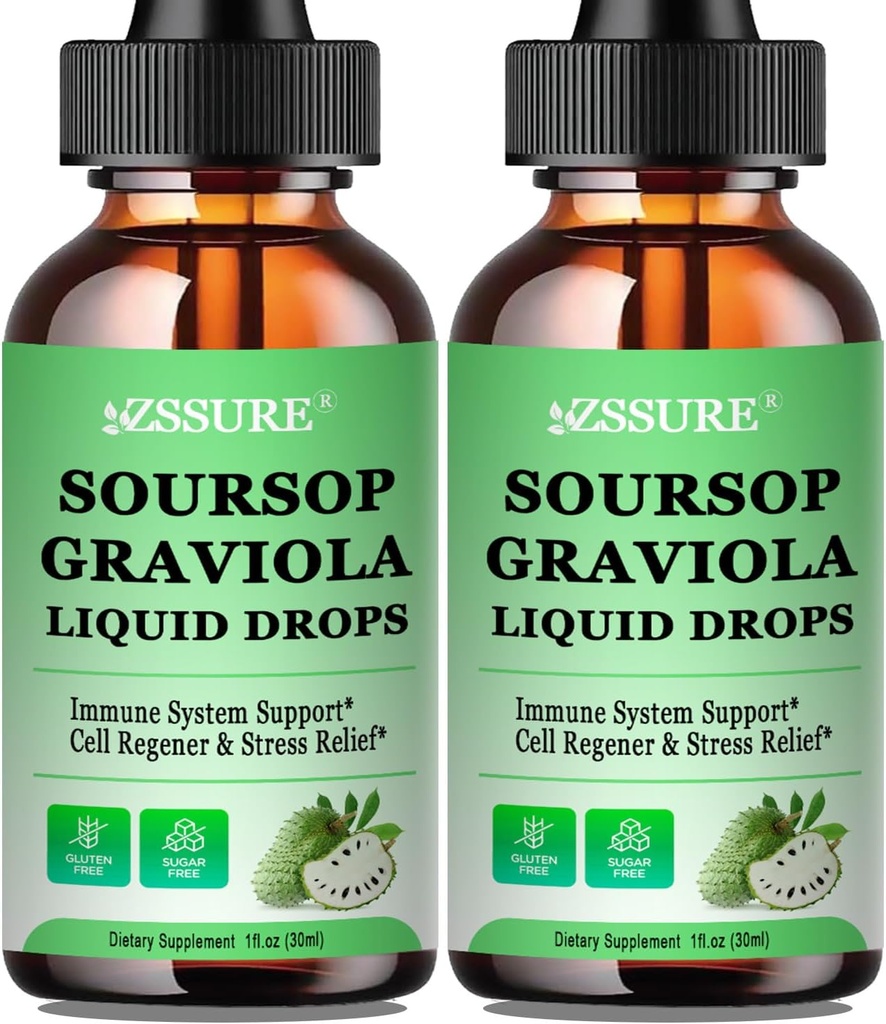 (2 Pack) Soursop Graviola נוזל טיפות | Soursop bitters נוזל w /Sea Mos, ויטמין C & Cinnamon עבור תמיכה תאים & Regeneration, Immunity, Liver, Zzz & Antioxidant | High Absorption טבעוני טבעוני טבעוני
