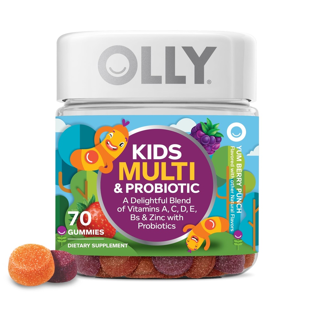 OLLY Kids Multivitamin & Probiotic Gummy, תמיכה תזונתית, ויטמינים A, D, C, E, B, Zinc, Chewable Supplement, Bri Flavored, 35 יום אספקת 70