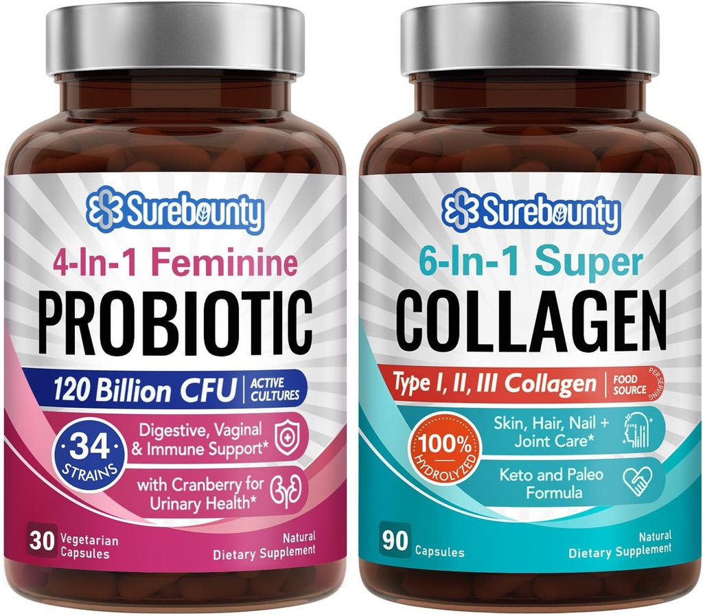 Probiotic + Collagen Bundle, 4in-1 Feminine Probiotic (30ct) ו- 6-in-1 Super Collagen (90ct), 2 Packs, Cranberry, Digestive & Healthy Aging Support, non-GMO