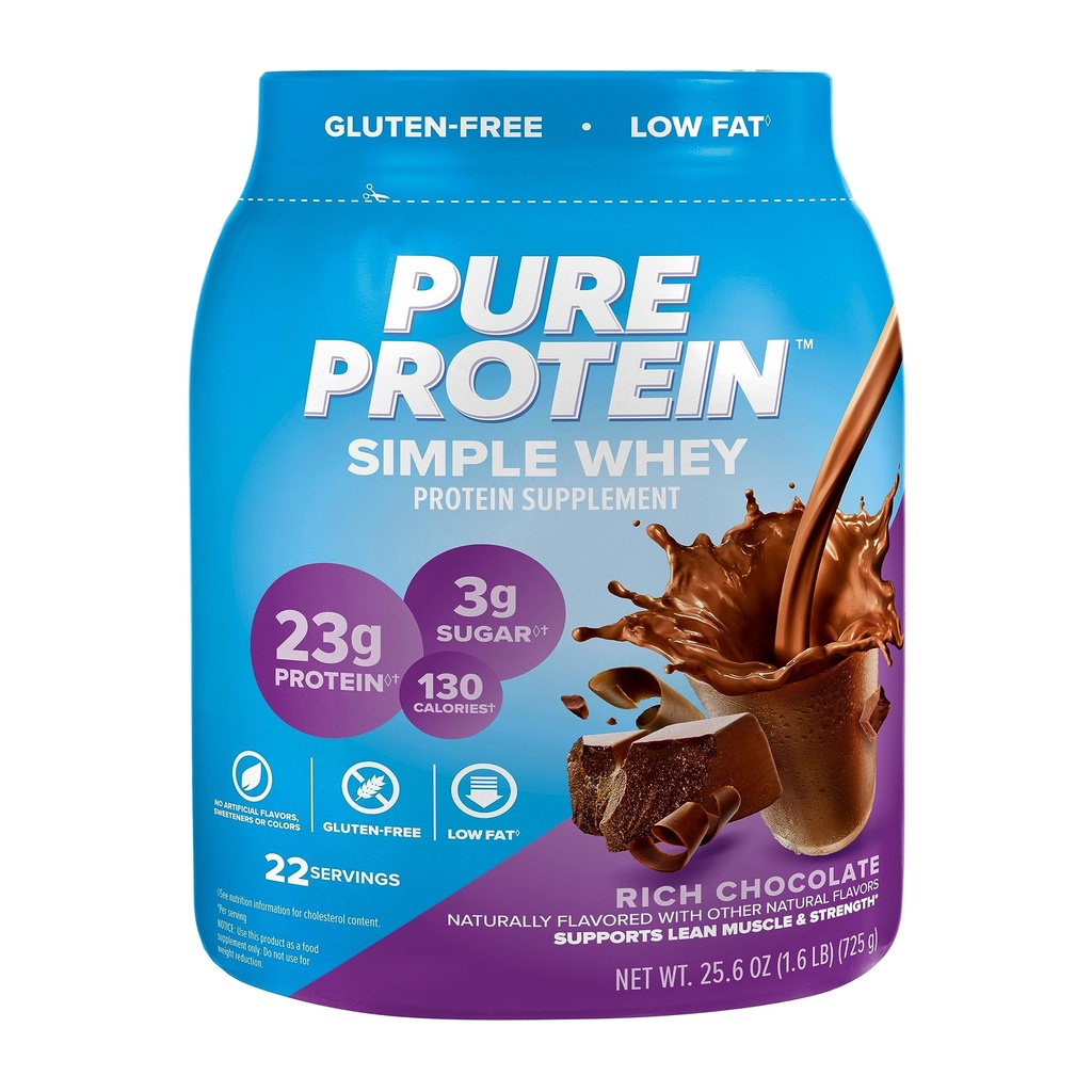 חלבון טהור פשוט אבקת חלבון Whey, Gluten Free, 23G חלבון, שוקולד עשיר, 1.6lbs