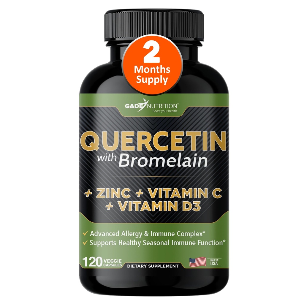Gade Nutrition Quercetin with Bromelain ויטמין C ו- Zinc ויטמין D3 | Immune Support Supplement in קפסולות | Non-GMO, Gluten-Free, Vegan | Made in the USA | 2 חודשים אספקה