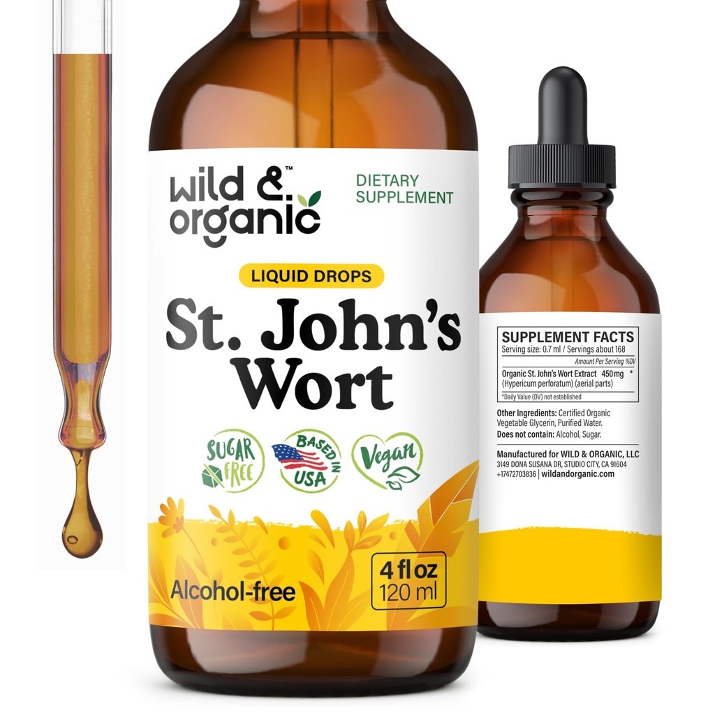 Wild & Organic St Johns Wort Tincture - תמיכה מודי - Calming St John's Wort תוסף - Hypericum Perforatum Herbal נוזל טיפות - טבעוני, סוכר ואלכוהול חינם - 4 fl oz