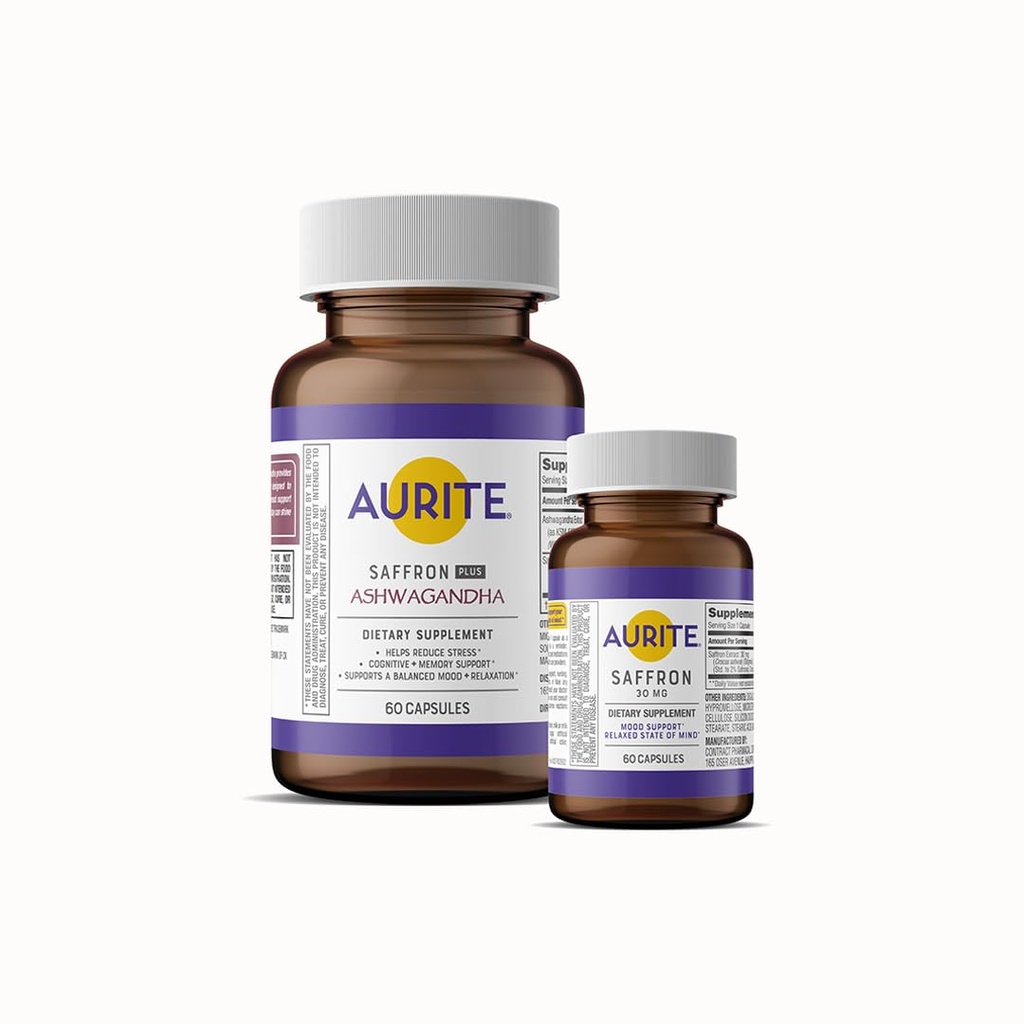 Saffron Ashwagandha & Saffron תוספת Bundle. ניהול מתח, תמיכה Mood, זיכרון לטווח ארוך, ידידותי צמחוני, non-GMO, Gluten-Free, Soy-Free