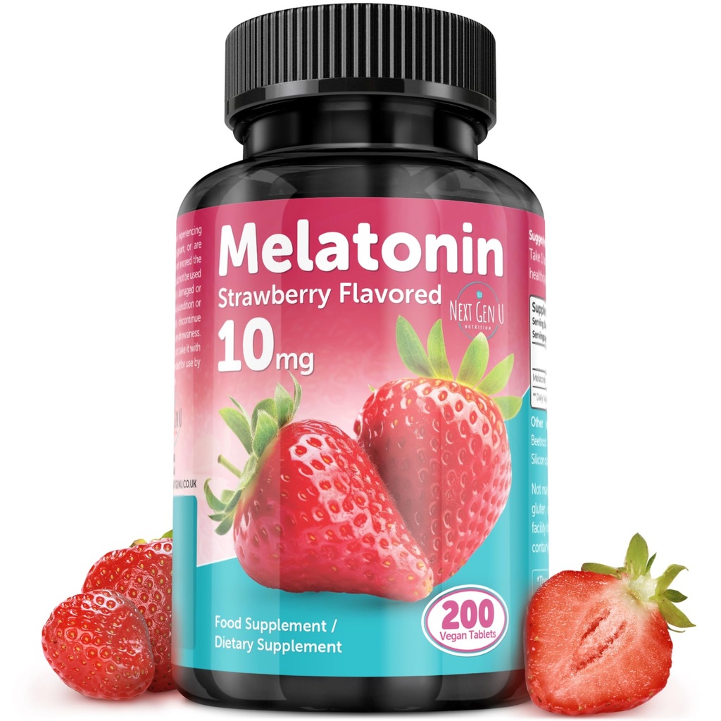 Melatonin Tablets - 10 מ"ג תוספת תזונתית - Strawberry Flavored - 200 טבליות טבעוניות - על ידי NextGenU