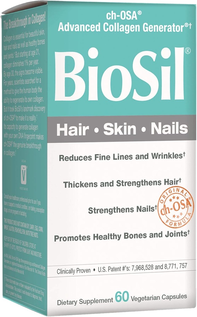 BioSil על ידי גורמים טבעיים, שיער, עור, ריחות, תמיכה צמיחה בריאה וכוח, קולג'ן טבעוני, Elastin וקרטין גנרטור, 60 קפסולות, 60 קפסולות