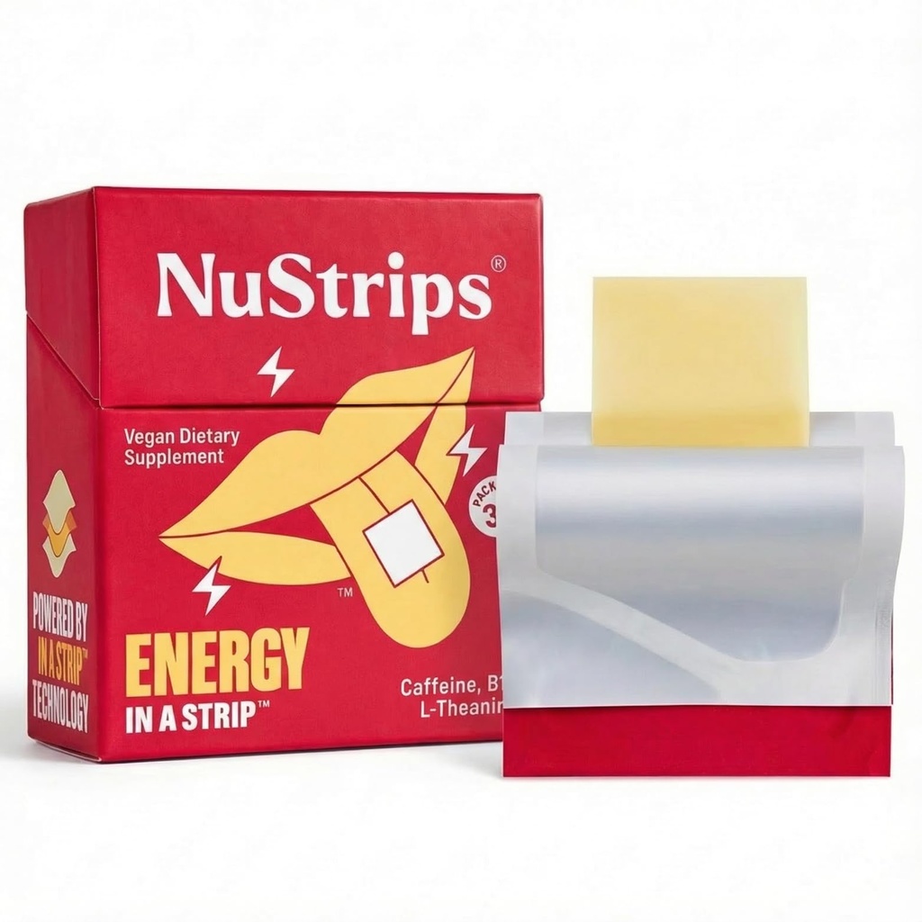 NuStripsTM Fast-Disshoot Energy Strips עם 50 מ"ג Caffeine, L-theanine & ויטמין B12 - אנרגיה מיידית & להתמקד ללא Jitters או Crash - עובד מהר יותר מקפה - Soothing Cinnamon (30 Pack)