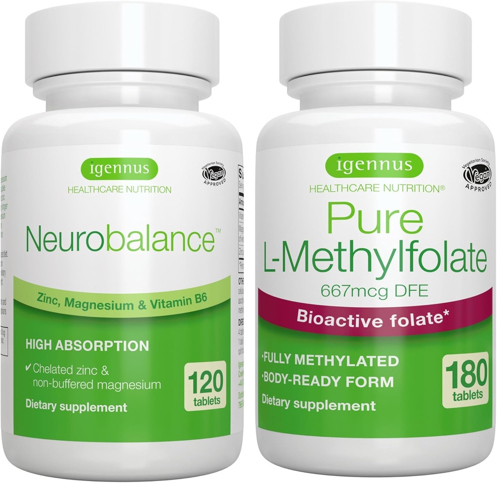 Neuro Balance Zinc, Magnesium & ויטמין B6 + Pure Folate 400mcg טבעוני Bundle, Chelated Zinc Picolinate 24 מ"ג, Oxide-Free Magnesium & ויטמין B6 + אופטימיזציה L-Methylfolate, על ידי Igennusssss.